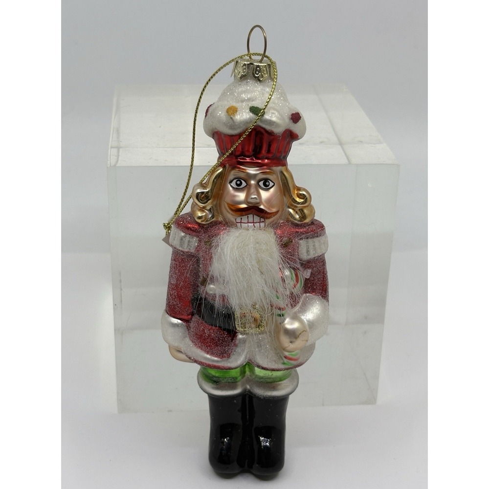 Vintage Bearded Nutcracker With Cupcake Hat Blown Glass Ornament Xmas New tag